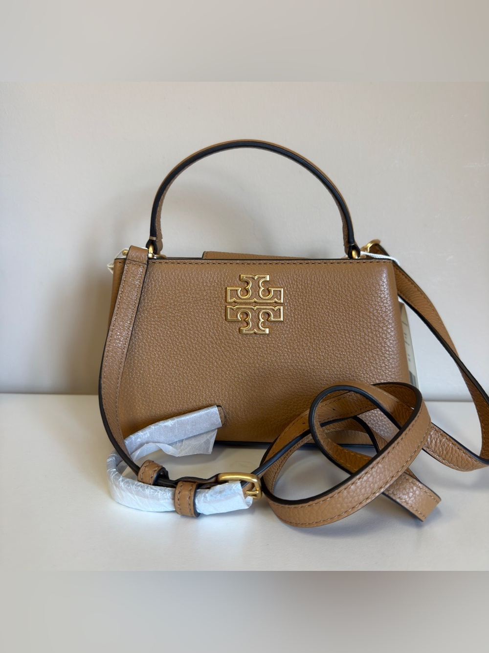 Tory Burch Caramel Tan Leather Top-Handle Satchel with Gold Logo